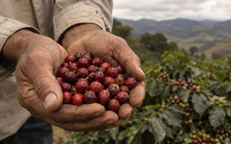 Maos de trabalhador rural com graos de cafe na Zona da Mata mineira, ilustrando aposentadoria rural