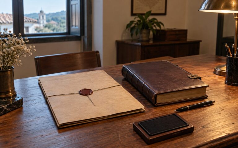 Pasta lacrada e livro de registro sobre mesa de cartorio, ilustrando escritura e registro de imovel