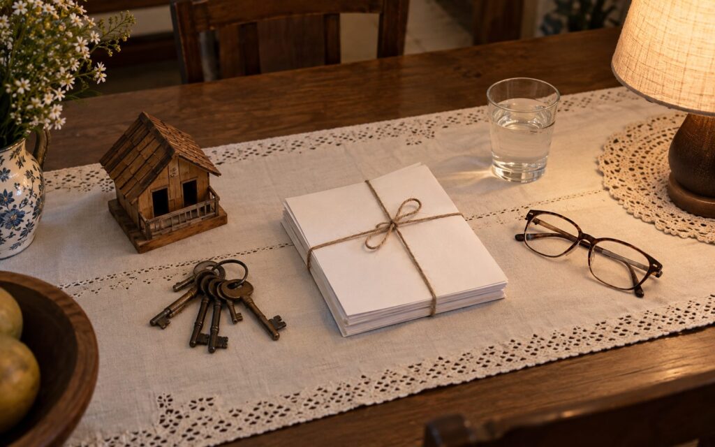 Mesa de familia com chaves, miniatura de casa e documentos amarrados, ilustrando inventario